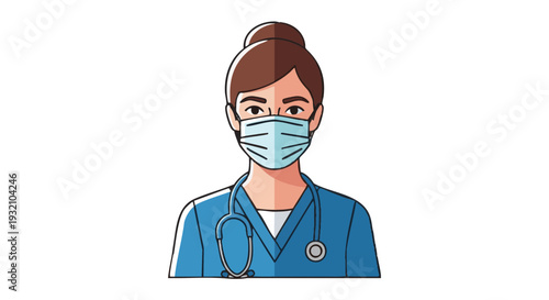 Vector illustration of a female nurse wearing a face mask and stethoscope.