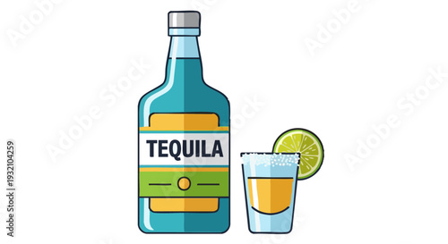 Vector illustration of a tequila bottle with a salted shot glass and lime wedge