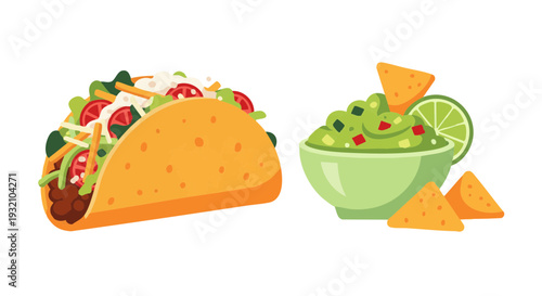 Taco and guacamole with tortilla chips. Flat vector illustration of Mexican food isolated on white background.