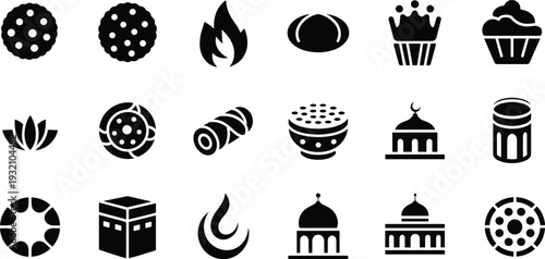 Islamic ramadan icon set, food mosque kaaba fire bread symbols, black silhouette vector collection isolated on white