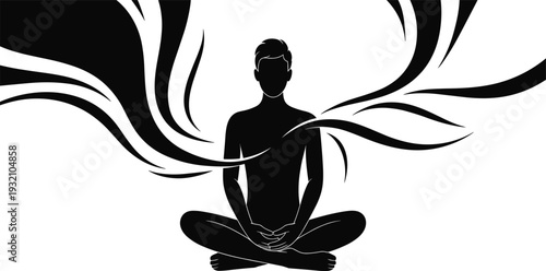 Meditation silhouette illustration, man practicing yoga lotus pose, spiritual energy flow design, black vector wellness concept isolated on white background