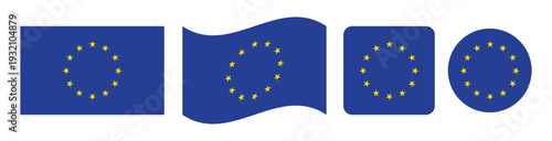 European Union flag collection in multiple shapes including rectangle wave rounded square and circle isolated on white background for EU identity political and international design use