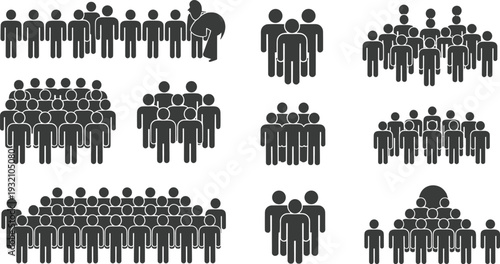 People group icon set, crowd community teamwork concept, human population silhouettes, social network organization symbols isolated illustration
