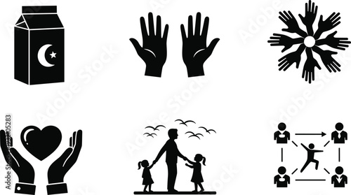 Black and white of a milk carton with a moon, hands, a starburst, a heart in hands, a family, and a sports play