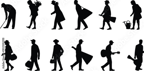 People walking silhouette collection, everyday activities careers lifestyle characters, urban routine professions vector illustration isolated on white background