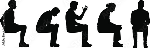 Seated people silhouette collection, sad thoughtful and emotional poses, mental health concept vector isolated on white background