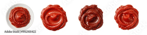 Fotografía Tomato ketchup and paste dollops set, realistic red sauce swirls and thick condiment portions collection, tasty tomato puree for cooking and food styling, PNG isolated on white background