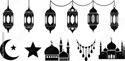 Black and white of hanging lanterns, crescent moon, star, mosque, and chandelier
