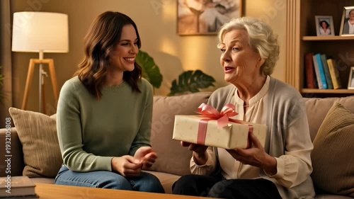 Daughter handing a gift to her elderly mother on a sofa in a cozy living room