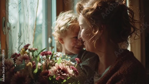A mother and her son sharing a tender moment with flowers near a window
