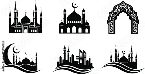Black and white of mosques, city skylines, and architectural with crescent moons minarets domes