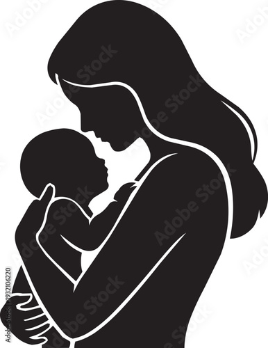 Mother holding baby silhouette, symbol of love, family, and maternal bond, vector illustration