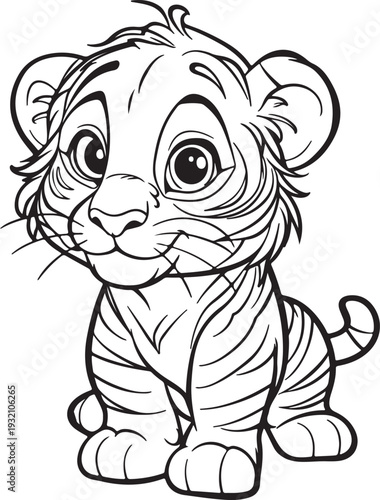Cute baby tiger cub line drawing sitting with big round adorable eyes