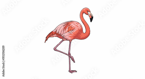 Pink Flamingo Standing on One Leg Isolated on White Background.