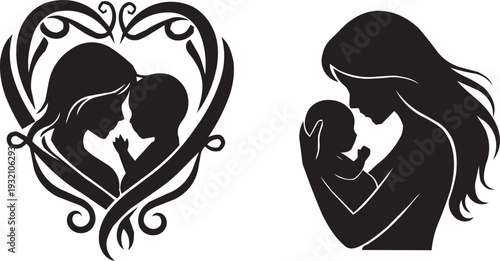Duo of mother and baby silhouettes: one framed in a decorative heart, symbolizing love and family