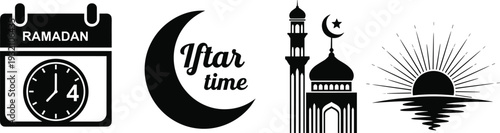 Black and white representing ramadan and iftar time with a mosque and sunrise crescent moon clock