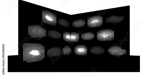 
Realistic Vector Dark Room with Glowing LED TV Panels Modern Interior Illustration