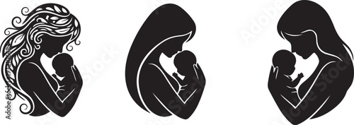 Three mother and baby silhouette variations: one with ornate hair, others in classic poses, symbolizing family love