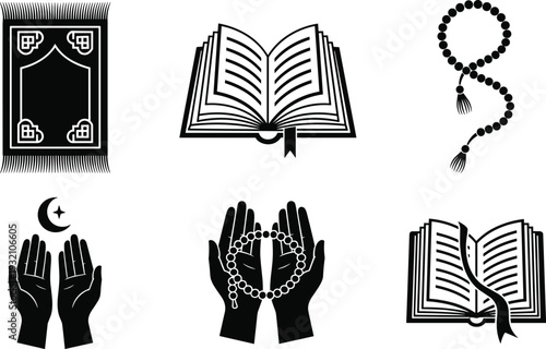 Islamic religious symbols including prayer beads, open books, and praying hands with crescent moon