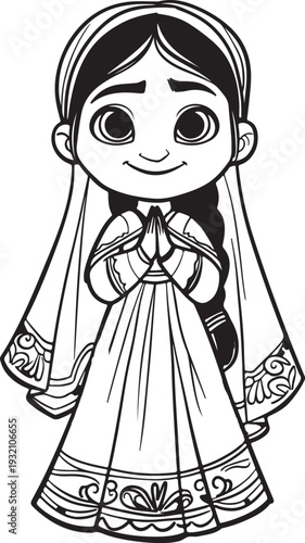 Little indian girl coloring page wearing traditional dress and saree