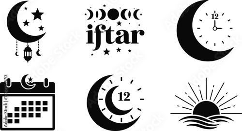 Six black and white representing iftar time with moon, stars, clock, calendar, and sunrise