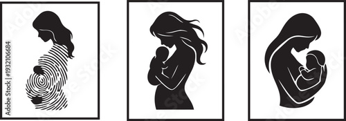 Triptych of mother figures: pregnant woman with fingerprint pattern, mother holding baby, symbolizing journey of motherhood