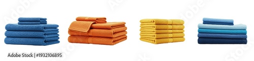 Fotografie Stacked cotton towel set, colorful bath towels collection, blue orange yellow so