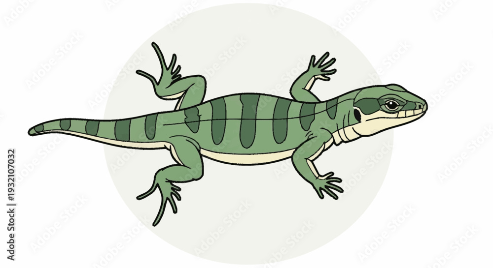 Fototapeta premium Green lizard with dark stripes on its back and tail, cartoon style.