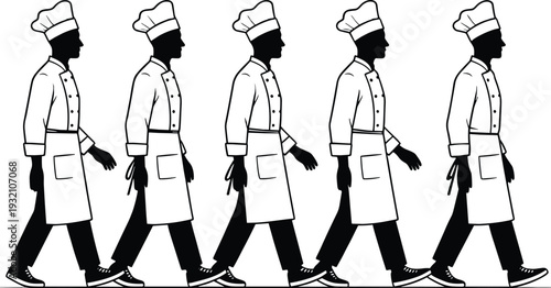 Chefs walking in line, culinary teamwork, professional kitchen staff, cooking uniform silhouettes, restaurant industry, hospitality service, food preparation, chef coordination
