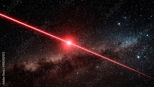 Red Laser Beam Illuminates Starry Night Sky and Milky Way Galaxy.