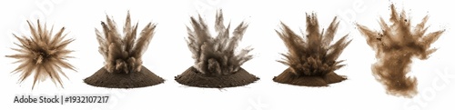 Foto Ground explosion dirt debris set, soil blast effect collection, dust cloud burst