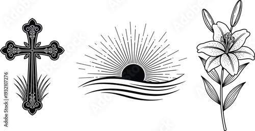 Black and white of a cross, sunrise, and lily flower religious