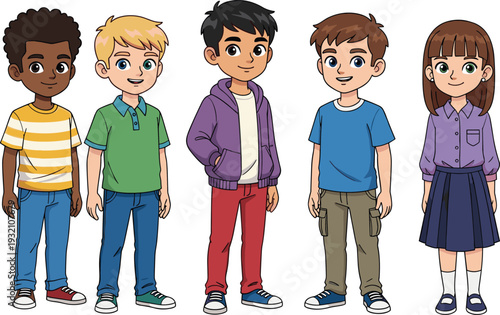 Five cartoon children standing in a row wearing colorful casual clothes and sneakers kids diverse