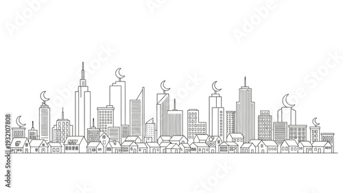 Cityscape illustration with modern skyscrapers and wind turbines in urban landscape viewed from a distance