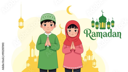 Children praying together during Ramadan in a serene environment with mosque silhouettes