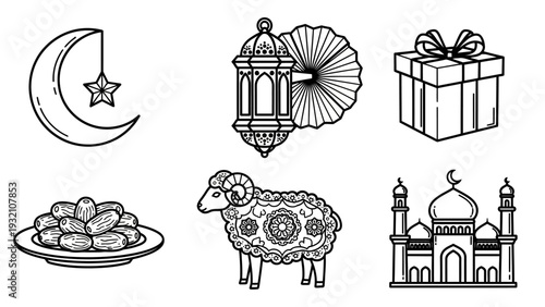 Celebratory Islamic symbols and elements, including crescent moon, lantern, gift, lamb, and mosque, arranged in a graphic illustration.