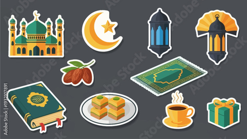 Collection of Islamic cultural symbols, including mosque, crescent moon, prayer mat, dates, coffee, and gift, representing Ramadan and Eid celebrations