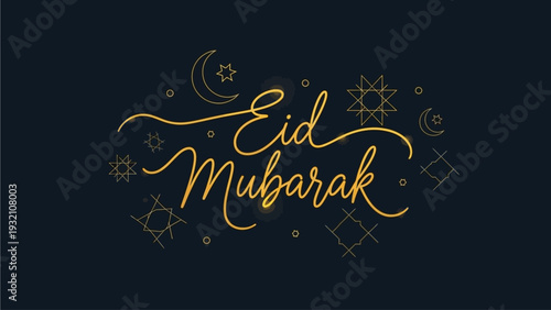 Eid Mubarak greeting card with crescent moon and stars on a dark background, elegant calligraphy