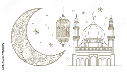 An intricately designed mosque with a crescent moon, lantern, and stars, depicted in a detailed line art illustration from a frontal viewpoint.