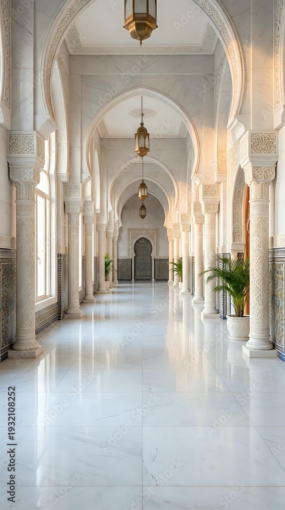 Obraz premium Elegant Islamic architecture corridor with ornate arches, marble columns and brass lanterns creating luxurious interior hallway for hospitality design.