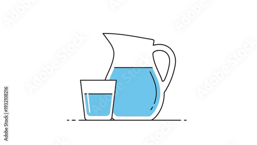 Illustration of a glass and pitcher filled with water on a simple background viewed from the side