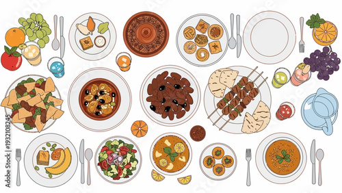 A vibrant illustration of a dining table with various dishes and utensils arranged for a meal from a top-down viewpoint.