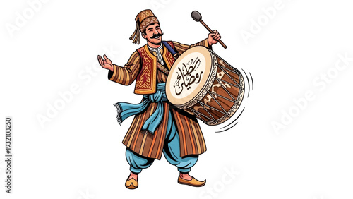 A man dressed in traditional attire enthusiastically playing a large drum with intricate designs on it
