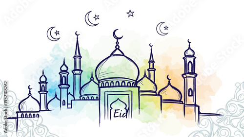 Celebrating Eid with illuminated mosque silhouettes against a starry night sky in a serene watercolor illustration from a front viewpoint