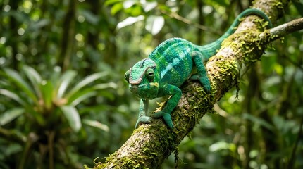 Green chameleon reptile sitting on mossy tree branch in tropical rainforest environment with lush vegetation background for wildlife and nature projects.