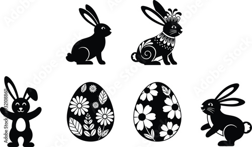 Six black and white of bunnies and decorated eggs with floral patterns bunny rabbit