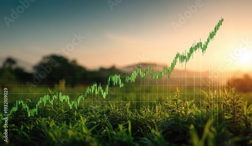 Green Growth Chart Overlayed on Lush Agricultural Field at Sunrise.