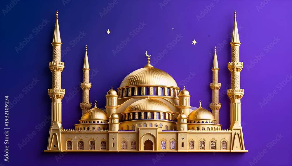 Fototapeta premium Mosque with Crescent Moon and Stars — Islamic Festival Celebration Illustration