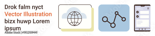 Global communication, technology, networking, data sharing, smartphone applications, user interface design. a globe, a network diagram and a smartphone interface. Global communication and technology