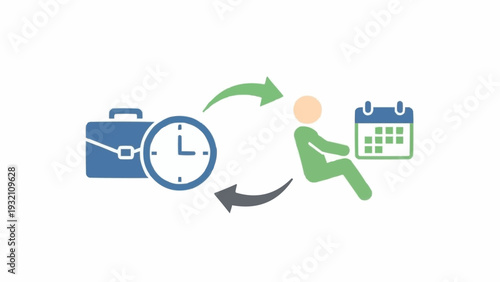 Businessman Sitting with Briefcase Clock and Calendar.